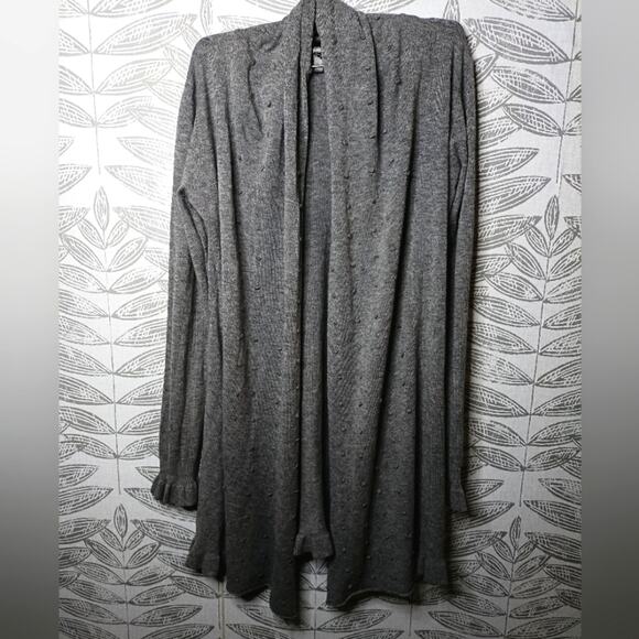 Lapis Bubble Knit Cardigan Ruffle Hems Gray Neutral Knit - Picture 1 of 7